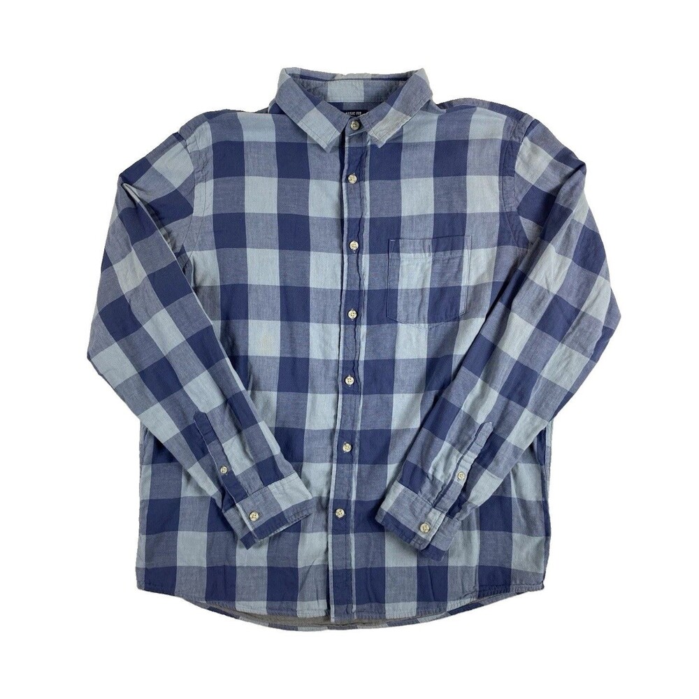 George Men's L Regular Classic Fit Blue Plaid Long Sleeve Button-Up Streetwear